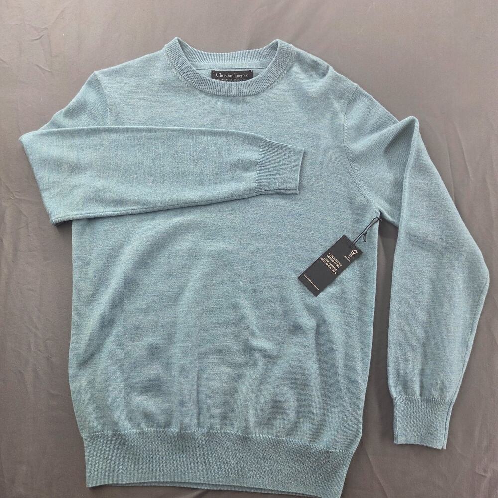 NWT Christian Lacroix Extra Fine Merino Wool Sweater Mens Small Teal Crewneck - Picture 3 of 11